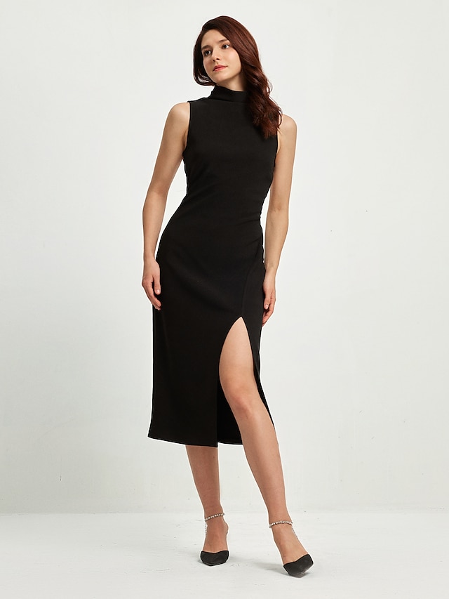  Αμάνικο μίντι πάρτι φόρεμα με ψηλό λαιμό μαύρο φόρεμα
