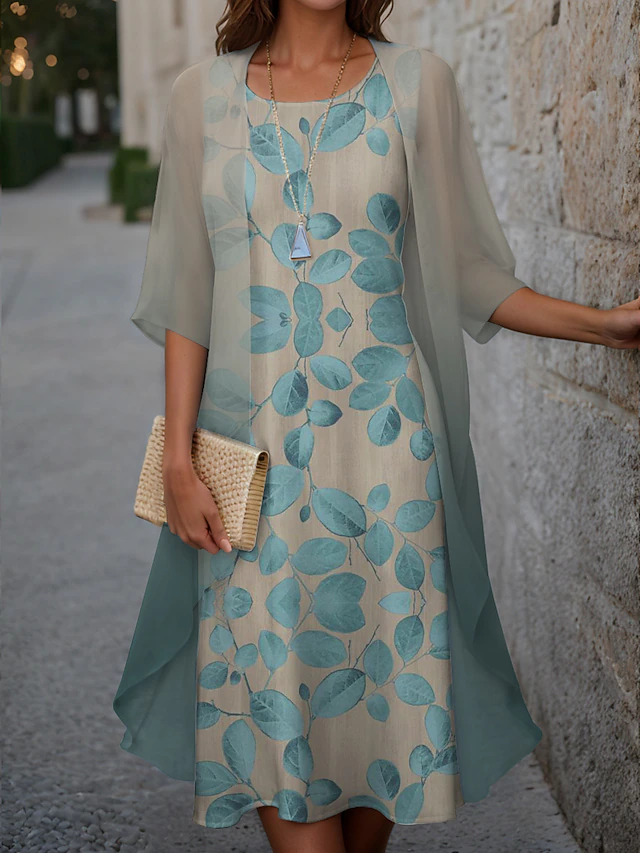 Women's Graduation Dress Midi Dress Two Piece Dress Set Wedding Guest Cocktail Dress Floral Chiffon Casual Fashion Elegant Modern Print Spring Crew Neck Half Sleeve Loose Fit Pink Blue Purple 5