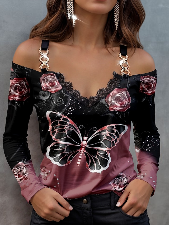  Damen Hemd Bluse Schmetterling Casual Bedruckt Spitzenbesatz Kalte Schulter Rosa Langarm Modisch V Ausschnitt Frühling & Herbst