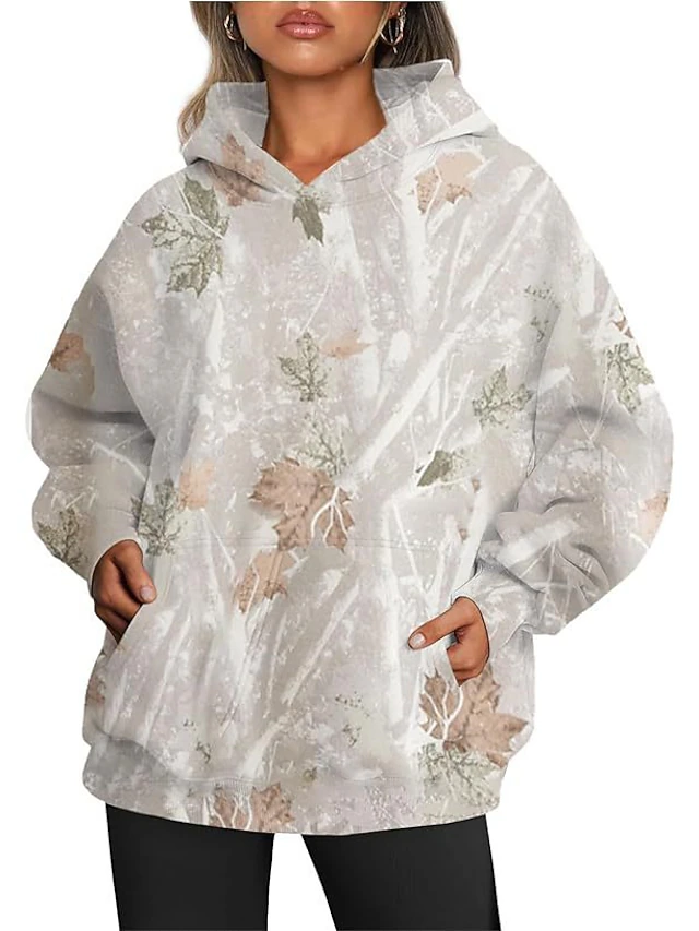 Women's Hoodie Sweatshirt Pullover Active Sportswear Graphic Casual Sports Hooded Print Front Pocket Long Sleeve Yellow Orange Brown Khaki Dark Gray Fall & Winter 8