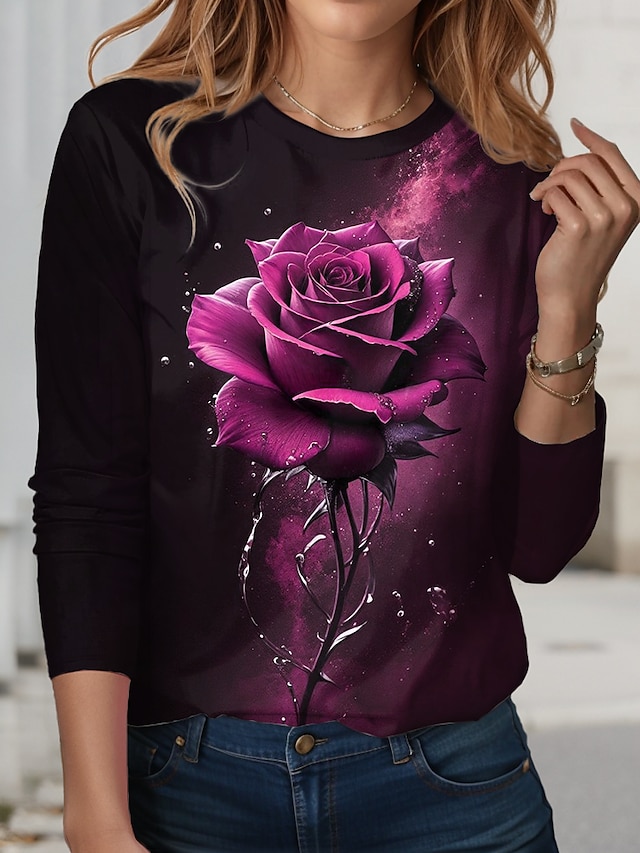  Women's Valentine Rose T Shirt Fashion Floral Print Long Sleeve Regular Tops Round Neck Holiday Weekend Pink Blue Spring &  Fall