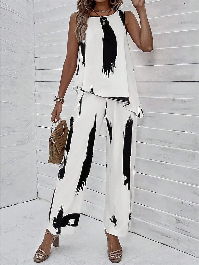Women's 2 Pieces Fashion Daily Tank Top Pants Sets Wide Leg Pants Trousers Sleeveless Round Neck Graphic Print Casual Daily White Summer Regular Fit 8