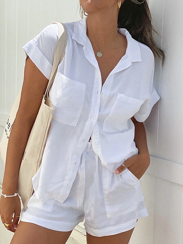  Shirt Set Women's White Solid Colored Pocket 2 Piece Street Daily Streetwear Daily Shirt Collar Linen Regular Fit S