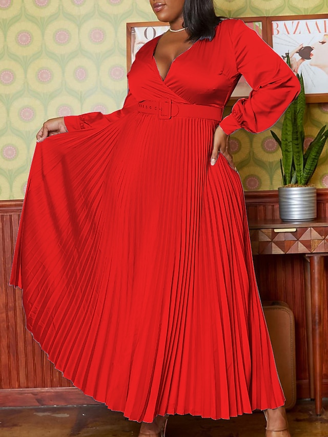  Damen abendkleider Cocktailkleid rotes Kleid Gefaltet Mit Gürtel V Ausschnitt Langarm Geburtstag Urlaub Weiß Gelb Sommer Frühling