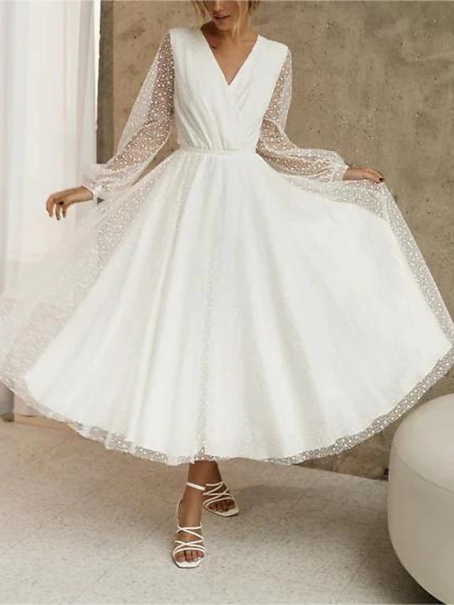 Beach Little White Dresses Wedding Dresses A-Line V Neck Long Sleeve Tea Length Sequined Bridal Gowns With Beading Solid Color 6