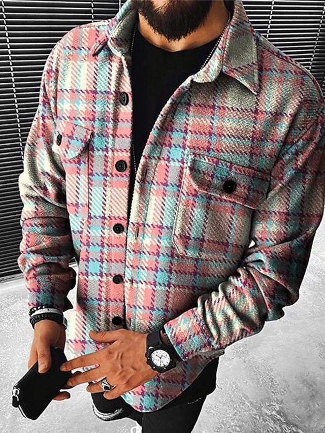  Herre Flanell skjorte Button Down skjorte Skjorte med krave Skjorte jakke Kurve Aftæpning Lyserød Blå Himmelblå Livlig Lyserød Orange I-byen-tøj Weekend Langærmet Trykt mønster Tøj Mode