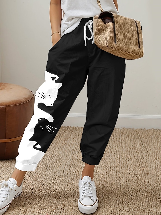  Mujer Pantalones de Deporte Pantalones Bolsillo Estampado Gato Media cintura Largo Negro Primavera
