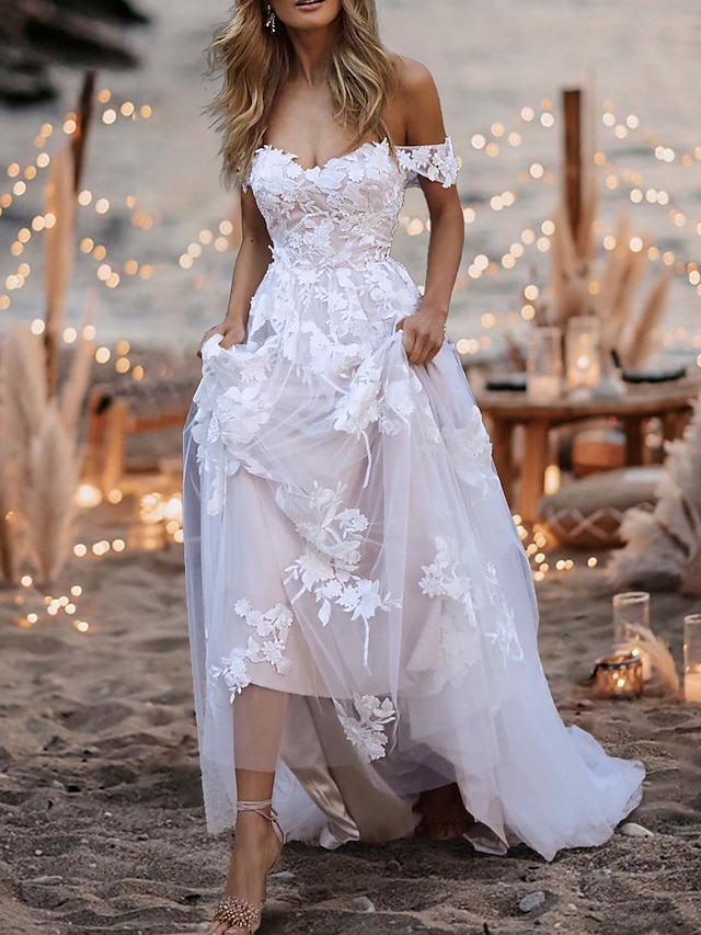  Beach Wedding Dresses A-Line Off Shoulder Cap Sleeve Sweep / Brush Train Lace Bridal Gowns With Lace Embroidery 2023