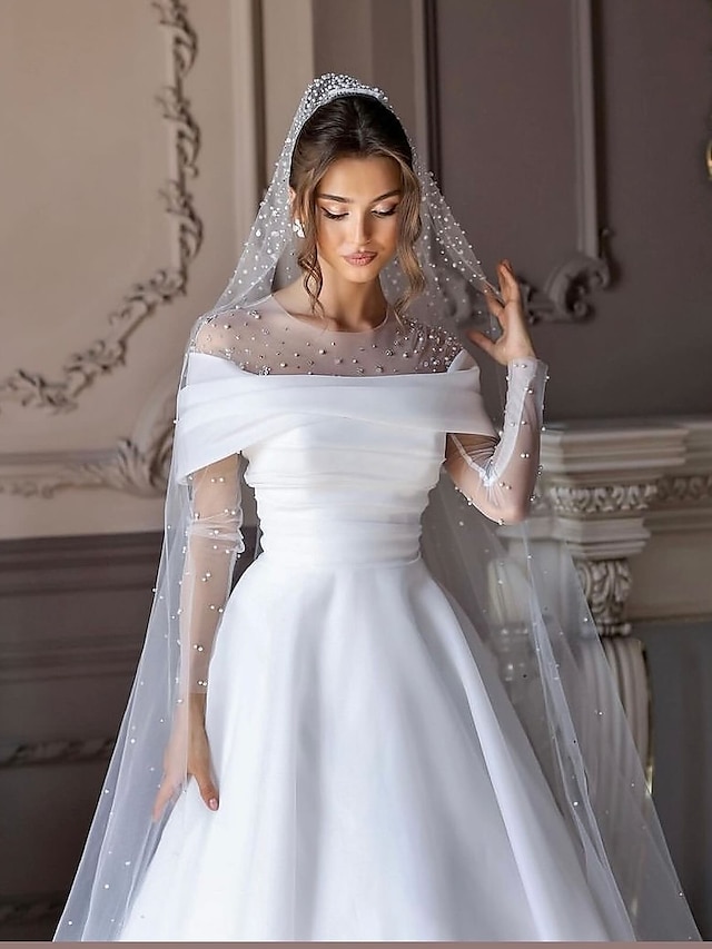 Simple Wedding Dresses Wedding Dresses A Line V Neck Long Sleeve Court   Zmekou1702521246178 