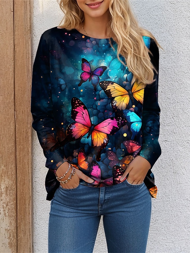  Women's T shirt Tee Butterfly Print Daily Weekend Fashion Long Sleeve Round Neck Red Spring &  Fall