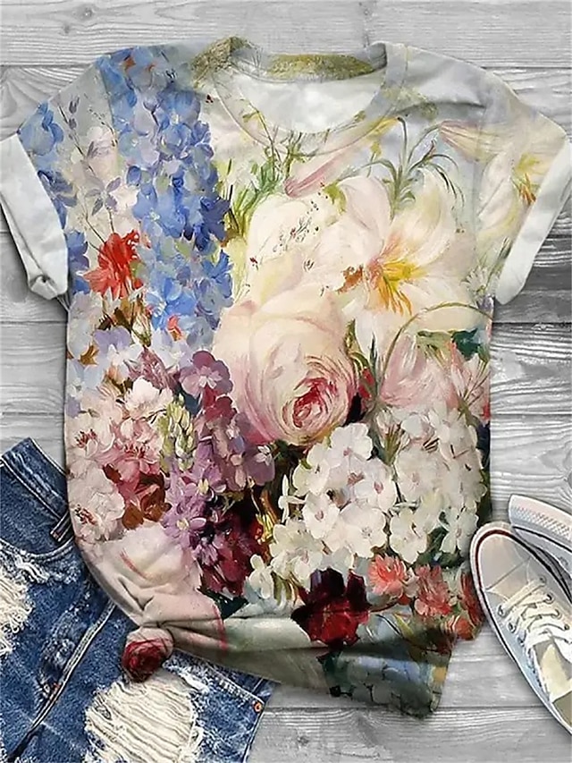  kvinners t-skjorte mote blomsterprint kortermede vanlige topper rund hals ferie helg gul rosa blå lilla grønn vår & sommer
