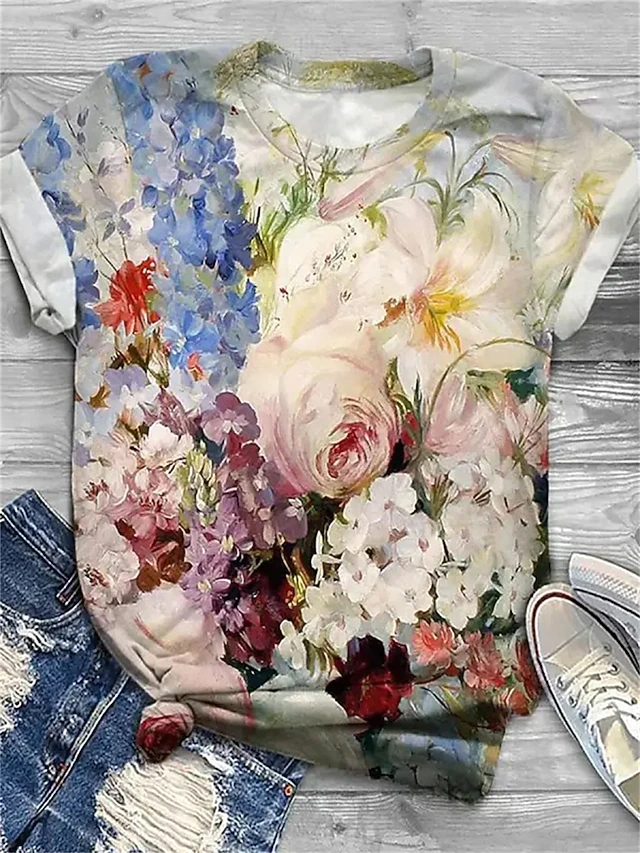 Women's T Shirt Fashion Floral Print Short Sleeve Regular Tops Round Neck Holiday Weekend Yellow Pink Blue Purple Green Spring & Summer 13