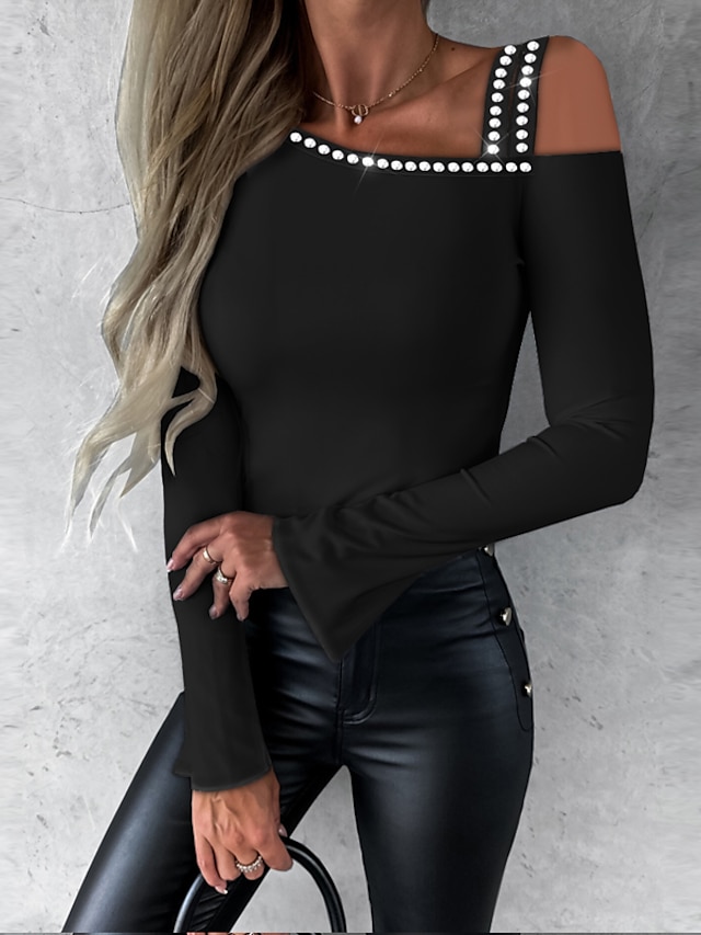  シャツ ブラウス 女性用 ブラック 純色 ラインストーン ストリート 日常 ファッション ワンショルダー S