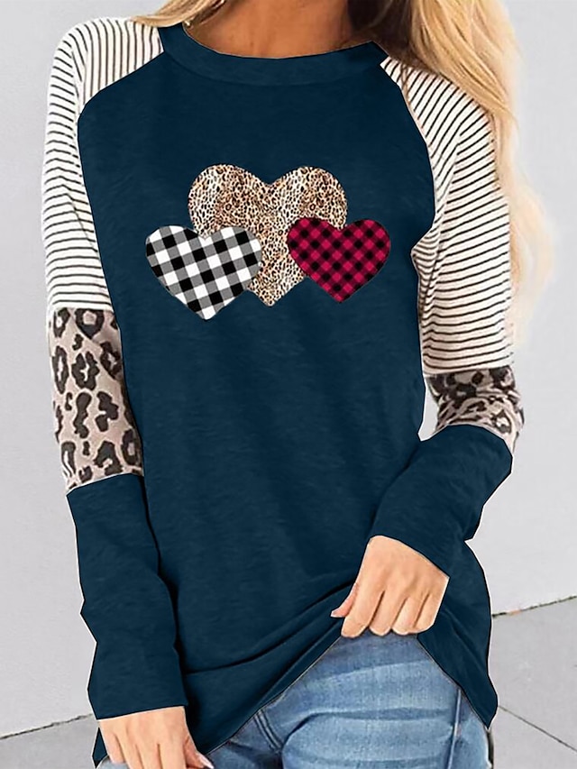  Women's T shirt Tee Cotton Heart Leopard Plaid Casual Going out Print Black Long Sleeve Fashion Round Neck Spring &  Fall