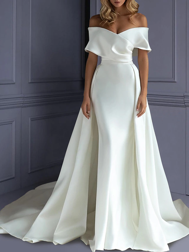 Beach Formal Wedding Dresses Mermaid Sweetheart Off Shoulder Sleeveless Sweep / Brush Train Satin Bridal Gowns With Solid Color 6
