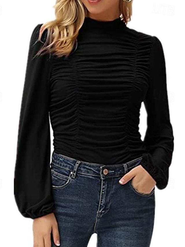  Tシャツ 女性用 ブラック ホワイト ピンク 純色 フリル ストリート 日常 ファッション ハイネック レギュラー パフスリーブ S