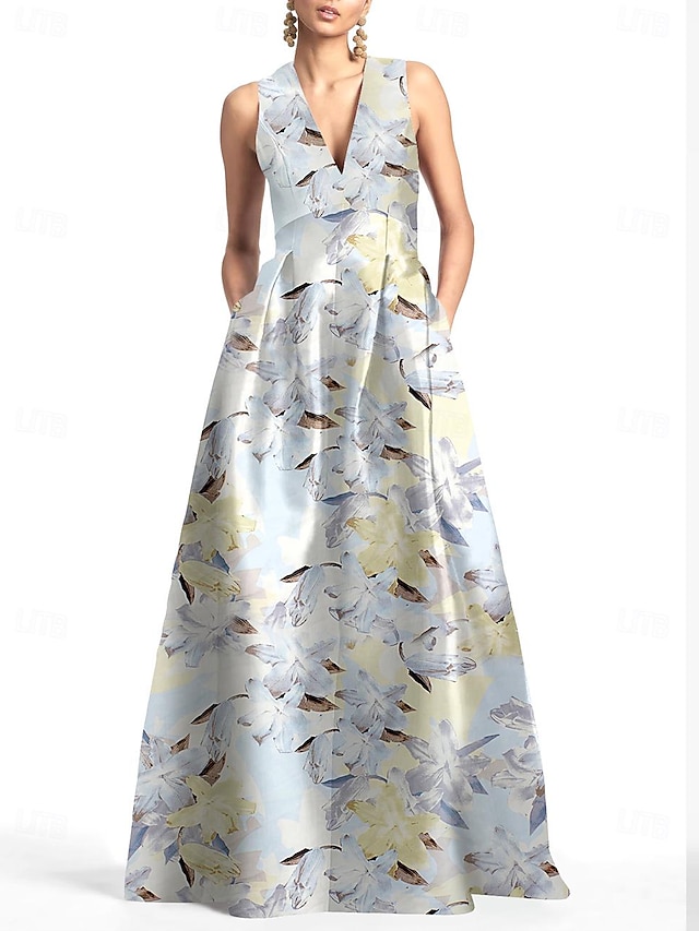  βραδινό φόρεμα σε γραμμή, κομψό νυφικό επίσημο φόρεμα για καλεσμένους στο πάτωμα αμάνικο v σατέν λαιμόκοψη με φλοράλ στάμπα 2024