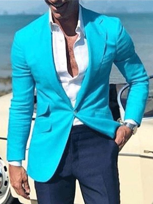  Men's Blazer Business Cocktail Party Wedding Party Fashion Casual Spring &  Fall Polyester Plain Button Pocket Comfortable Single Breasted Blazer Blue