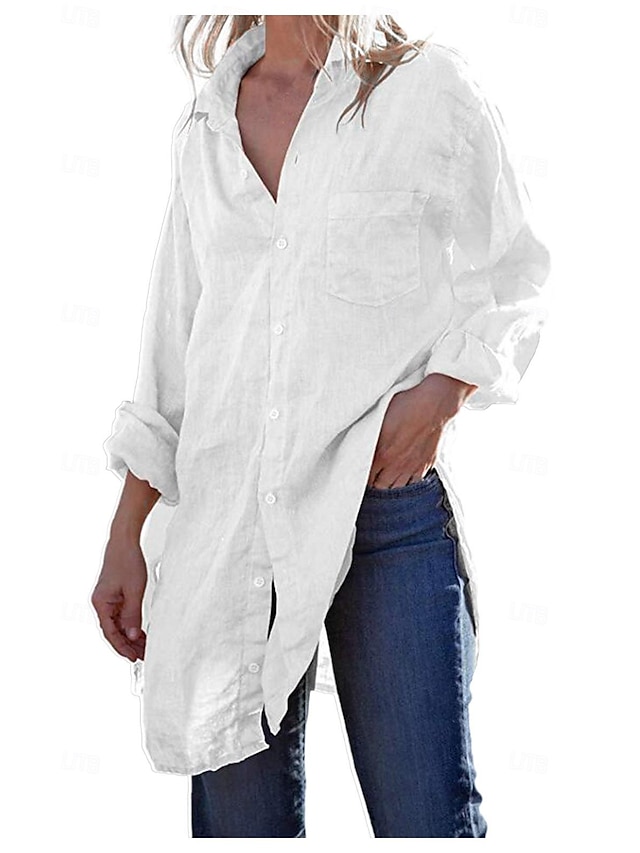  camicia di lino Camicia Tunica Blusa Per donna Bianco Tinta unica Pulsante Lungo Strada Giornaliero Di tendenza Colletto Cotone Lino Standard S