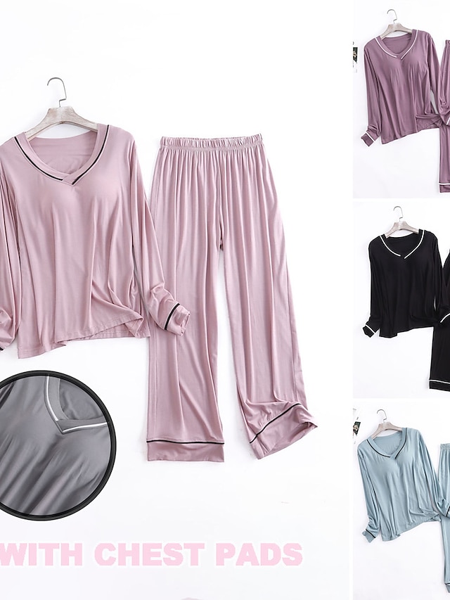  Mujer Pijamas Conjuntos Color puro Sencillo Confort Diario Cama Capital Transpirable Escote en V Manga Larga Camiseta Pantalón Almohadillas para el pecho Verano Primavera Rosa loto Negro