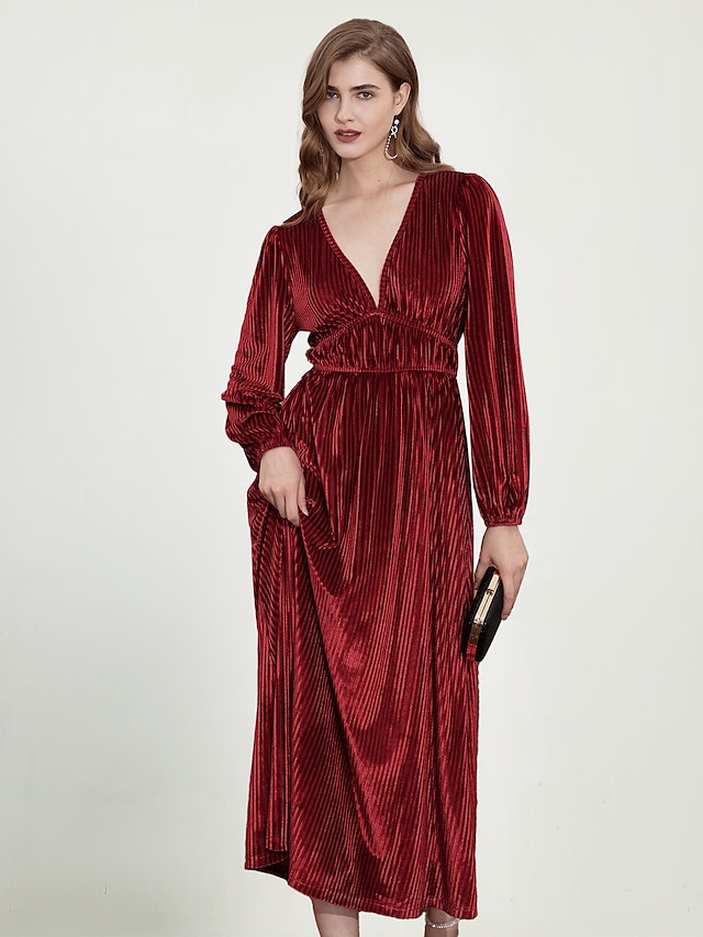  Women's Velvet Dress Party Dress Cocktail Dress Midi Dress Red Brown Long Sleeve Pure Color Ruched Spring Fall Winter V Neck Fashion Party Mature Winter Dress Christmas Wedding Guest 2023 S M L