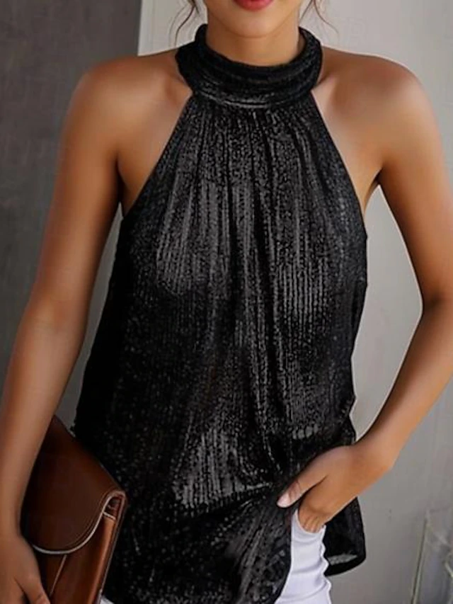 Women's Plus Size Camisole Tank Top Summer Tops Blouse Plain Sexy Basic Beach Sleeveless Halter Neck Daily Pleated Cut Out Silver Black Yellow4