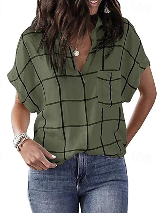  女性用 シャツ ブラウス チェック ポケット プリント カジュアル ファッション 半袖 シャツカラー イエロー 春夏