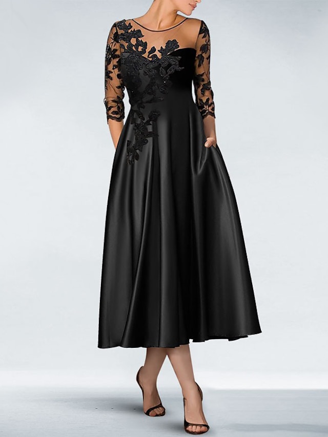  קו קוקטייל שמלה שחורה אפליקציות אלגנטית שמלת סתיו שמלת אורח כלה לאם באורך ברך 3/4 שרוול באורך 3/4 כיס כתף סאטן עם כיס חרוזים 2024