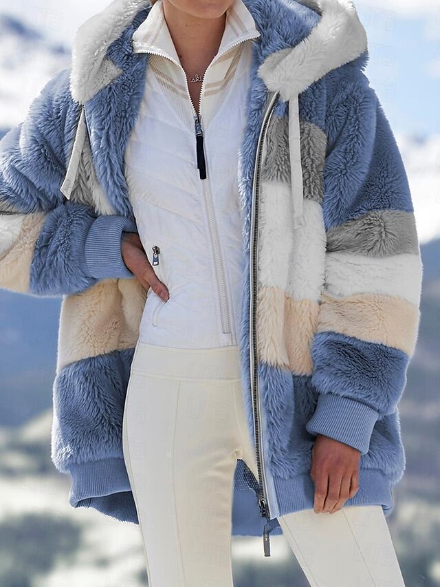  Men's Winter Jacket Fleece Jacket Sherpa jacket Teddy Coat Outdoor Street Warm Breathable Fur Trim Full Zip Fall Winter Striped Sporty Casual Hoodie Regular Faux Fur Black Khaki Light Blue Jacket