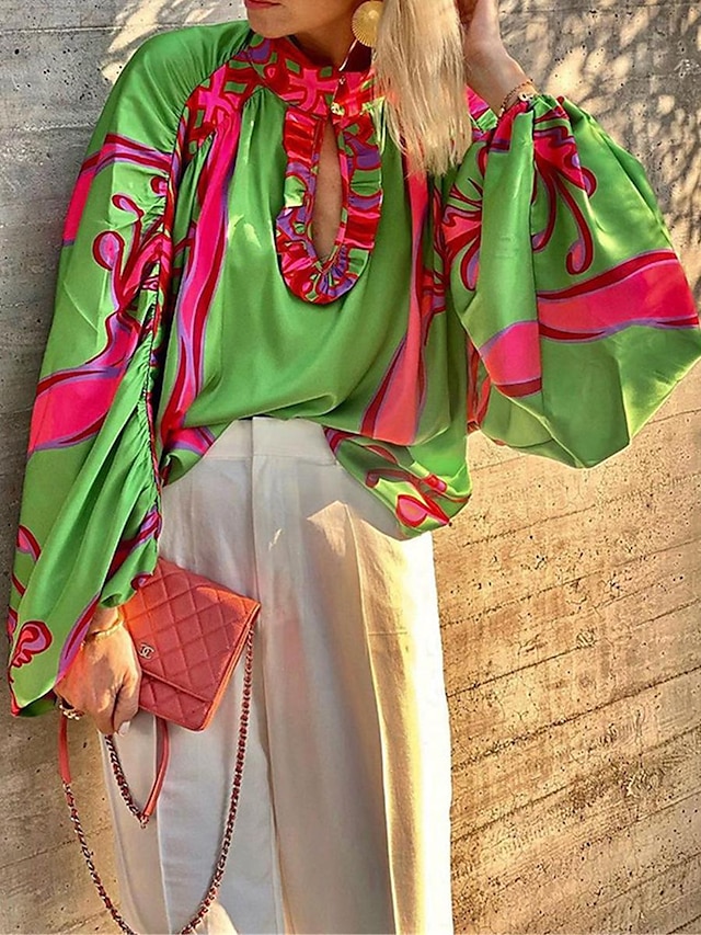  Damenhemd Boho-Hemd Bluse Bauernbluse Boho-Print Langarm normale Oberteile lässig Urlaub grün Sommer Frühling