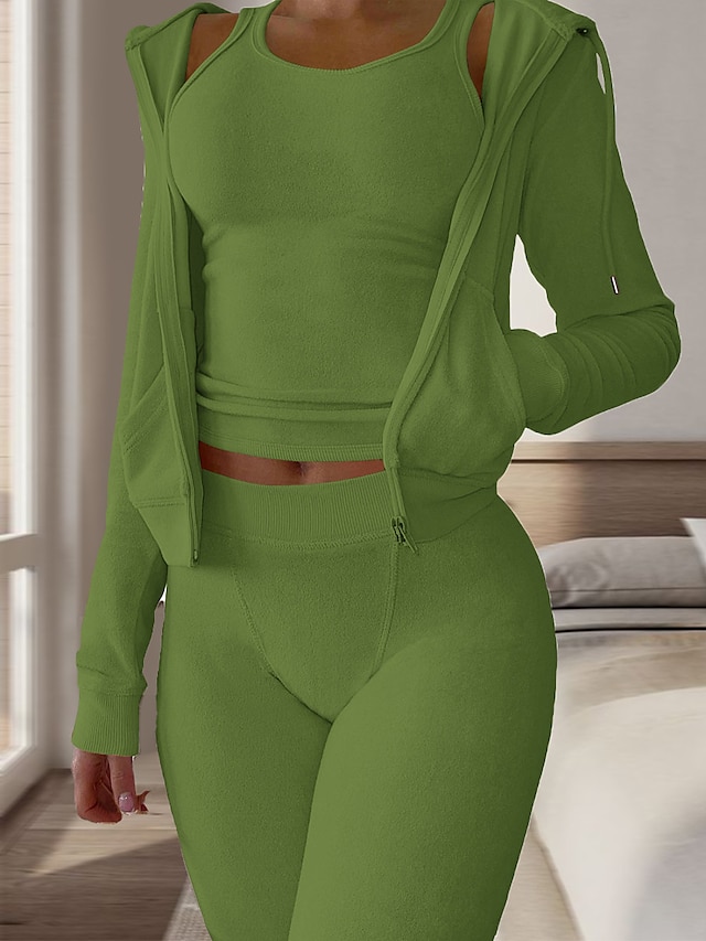  pyjamasset för kvinnor 3 delar ren färg varm mode plysch hem daglig säng flanell varm andningsbar hoodie långärmad hoodie byxa höst vinter hem outfits