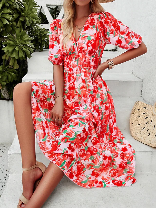 Women's Casual Dress Floral Print V Neck Midi Dress Ethnic Boho Vacation Short Sleeve Summer 24