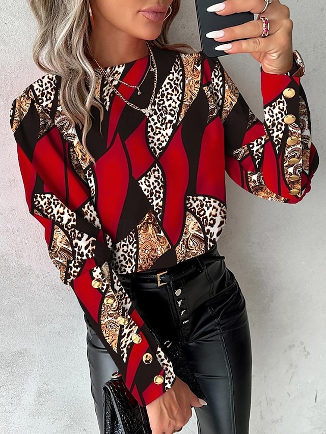  damebluse elegant fargeblokk knapper print raglanermer lange ermer rund hals uformell gul rød blå grønn vår & sommer