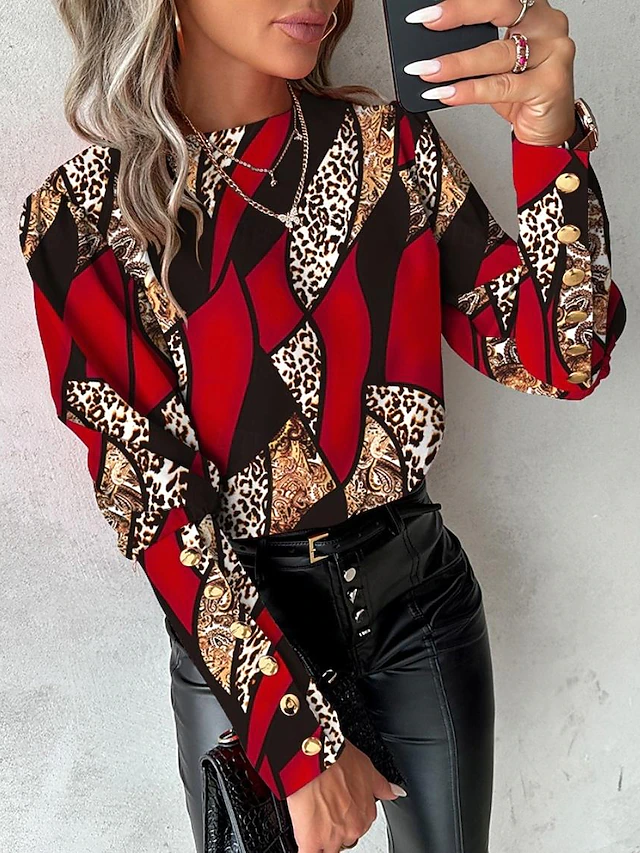 Women's Blouse Elegant Color Block Buttons Print Raglan Sleeves Long Sleeve Round Neck Casual Yellow Red Blue Green Spring & Summer 5