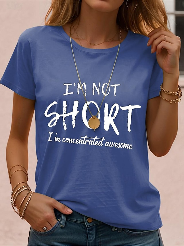  Kvinnors t-shirt avslappnad rolig citat rund hals svart vit kortärmad bokstavstryck vardaglig fritid bekväma toppar vanlig passform