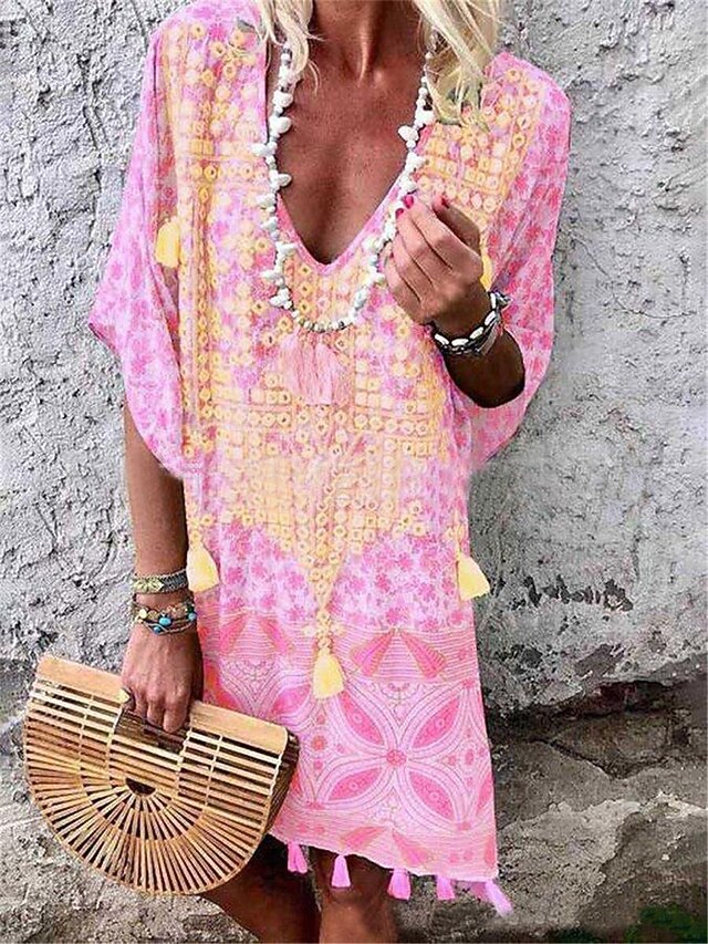 Vacation Style Ethnic Print Button Loose Mini Dress