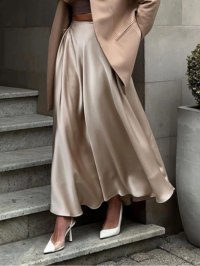 Women's Skirt Swing Long Skirt Elegant Fashion Maxi High Waist Skirts Solid Colored Street Daily Black White Khaki Summer Satin 19