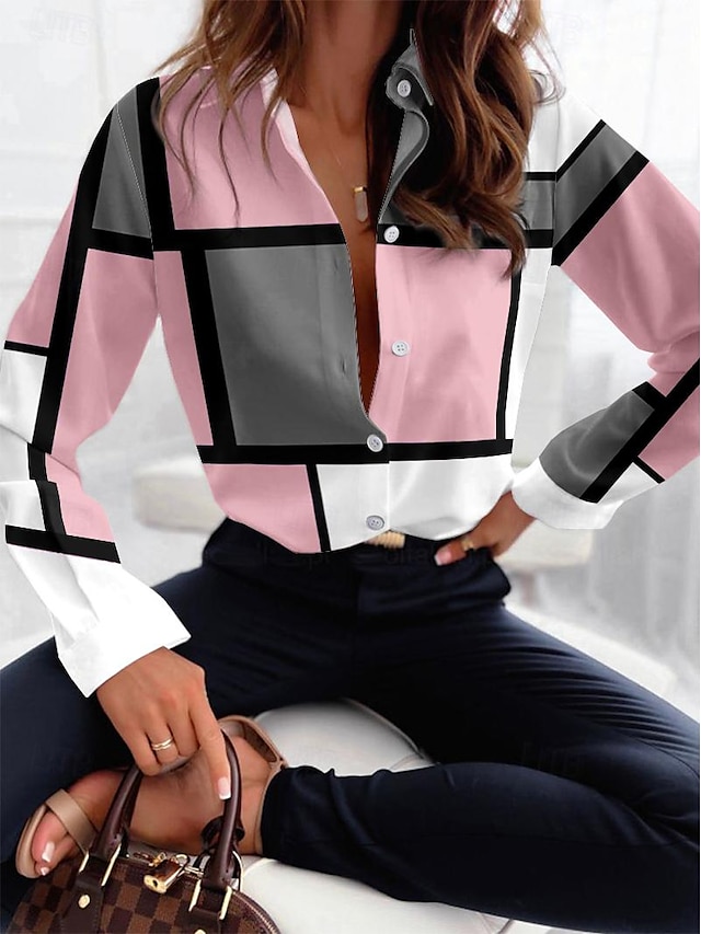  Camicia Donna Moda Flanella Stampa Bottoni Maniche Lunghe Top Regolari Collo Camicia Casual Rosa Viola Primavera  Autunno