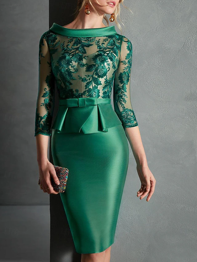 Sheath Mother of the Bride Cocktail Dresses Elegant Dress Engagement Knee Length 3/4 Length Sleeve Jewel Neck Fall Wedding Guest Satin with Buttons Appliques Race Day Dress 6