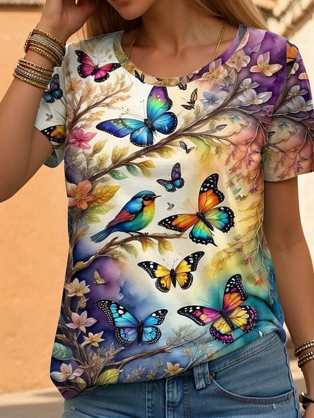  Women's T shirt Tee Floral Butterfly Daily Weekend Print Yellow Short Sleeve Fashion Crew Neck Summer