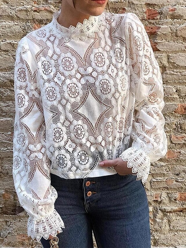 Women's White Elegant Lace Tops Eyelet Blouse Fashion Modern Lace Patchwork Long Sleeve Regular Tops Casual Romantic Petite Tops Summer Holiday Wear Black White4