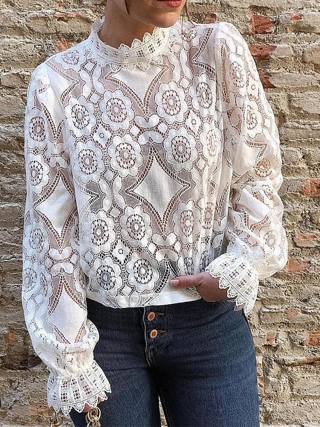 Women's White Elegant Lace Tops Eyelet Blouse Fashion Modern Lace Patchwork Long Sleeve Regular Tops Casual Romantic Petite Tops Summer Holiday Wear Black White4