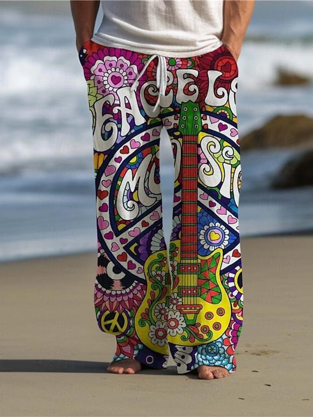  κιθάρα hippie ανδρικό resort 3d printed casual παντελόνι παντελόνι ελαστικό κορδόνι μέσης χαλαρή εφαρμογή ίσιο καλοκαιρινό παντελόνι παραλίας s έως 3xl