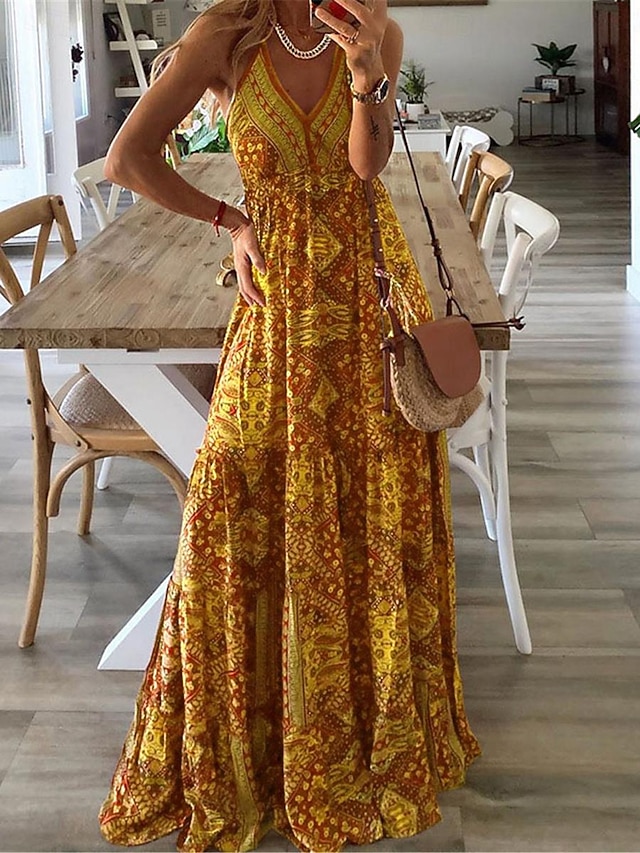  Dam Långklänning Maxiklänning Vardagsklänning Boho Chic klänningar bohemliv Etnisk A-linje Semester Gata Helgdag Normal Blommig Ärmlös Axelband Gul Rodnande Rosa Blå Purpur Sommar