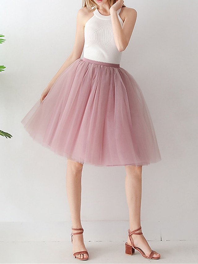  Women's Skirt Swing Tutu Knee-length High Waist Skirts Layered Tulle Solid Colored Party Cocktail Party Summer Polyester Elegant Fashion Black White Champagne Yellow