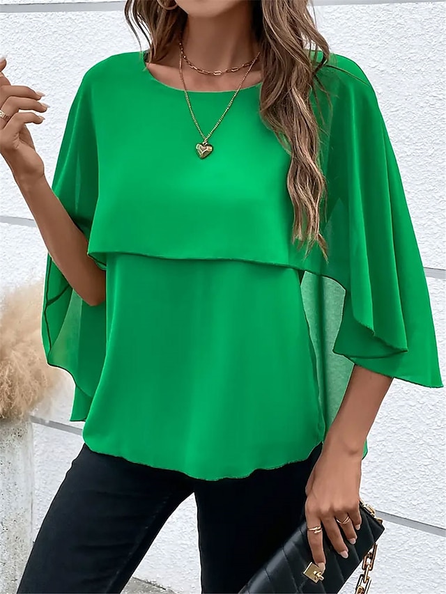  Damen Bluse Glatt Casual Layer-Look Fledermaus Ärmel Grün 3/4 Ärmel Modisch Brautkleider schlicht Boho Rundhalsausschnitt Sommer