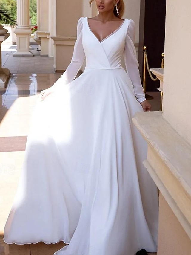  Simple Wedding Dresses A-Line V Neck Long Sleeve Floor Length Chiffon Bridal Gowns With Pleats Solid Color 2024