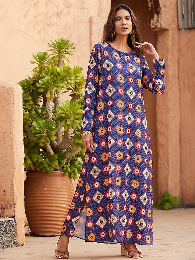  فستان كاجوال بياقة دائرية وطبعة زهور