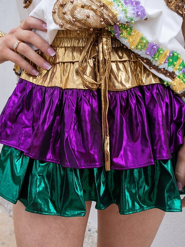  בגדי ריקוד נשים חצאית מיני מותניים גבוהים חצאיות קפלים שכבות מרובות קולור בלוק מארדי גרא פֶסטִיבָל קיץ פוליאסטר אופנתי סגול