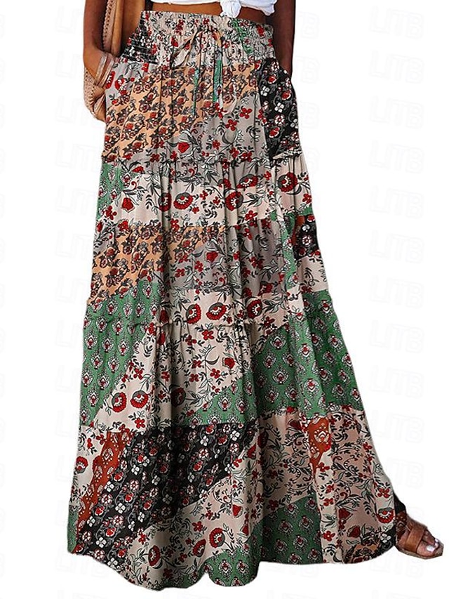  Women's Skirt A Line Swing Bohemia Maxi High Waist Skirts Floral Print Floral Color Block Holiday Vacation Summer Polyester Casual Boho Dark Green Green